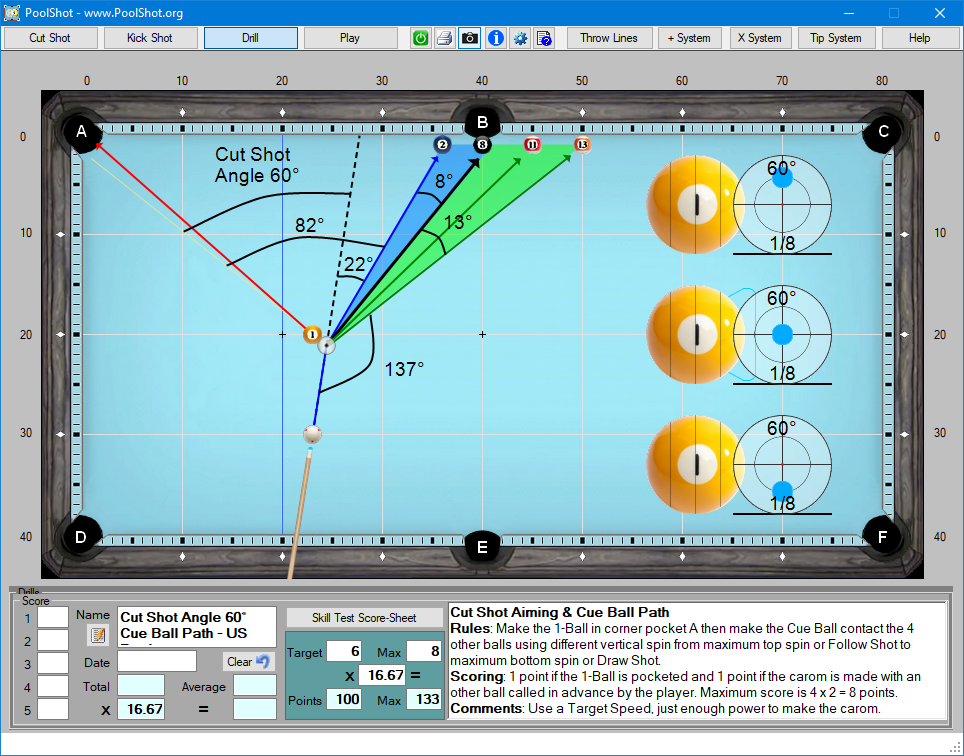 Cut Shot Angle 60° Cue Ball Path - US Pool